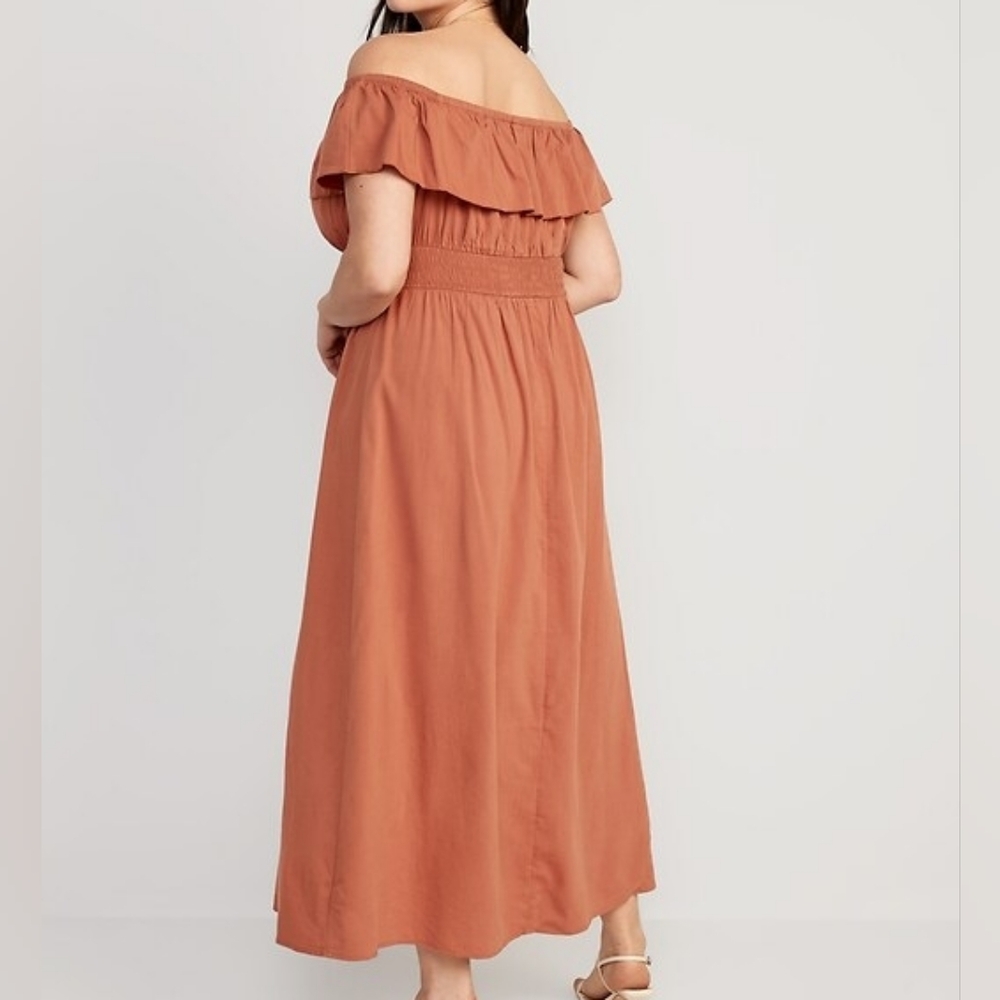Old Navy Waist Defined Off-The-Shoulder Smocked Maxi Dress Rust Henna 2X